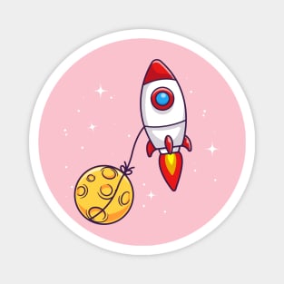 Rocket Flying With Moon In Space Cartoon Magnet